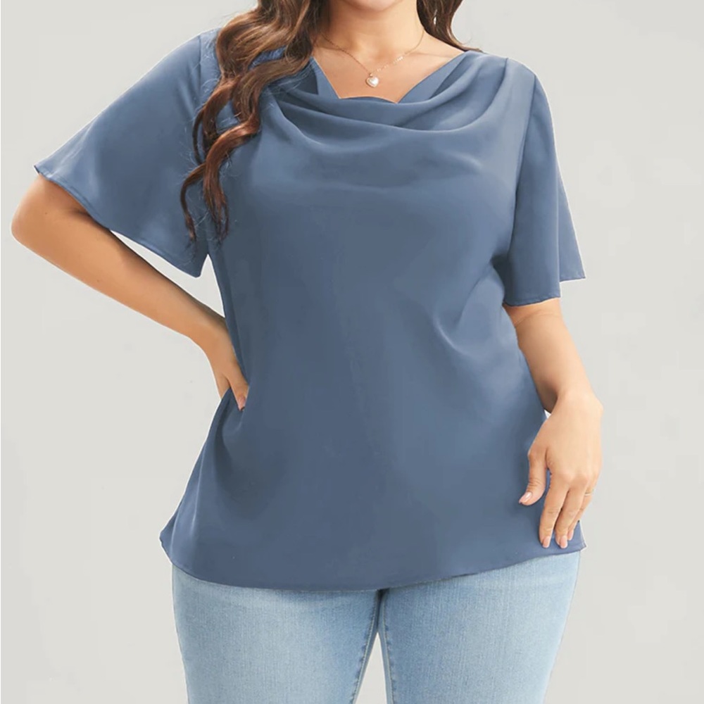 Plain Cowl Neck Ruffle Sleeve Blouse